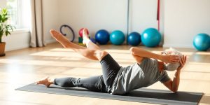 Senior doing core exercises on a yoga mat.