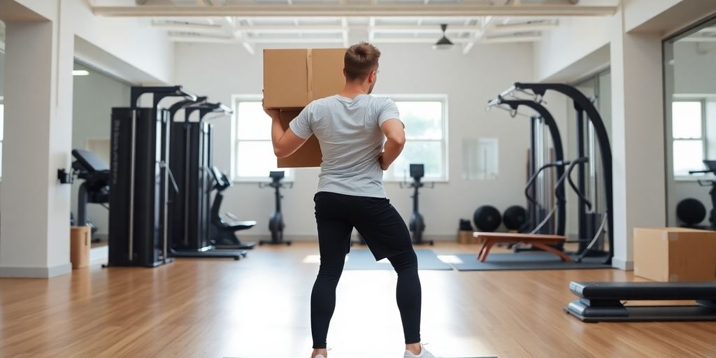 Person lifting box with correct posture to prevent injury.