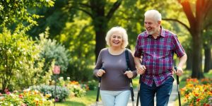 Elderly couple walking in a sunny park with mobility aids.